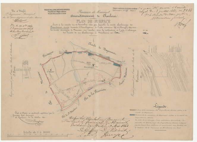 Plan de surface Joint à la requête du 10 novembre 1860, par laquelle la société charbonnière des Propriétaires-réunis demande l'homologation de l'acte intervenu le 10 Décembre 1859 avec la société anonyme de Monceau-sur-Sambre, pour la rectification, à l'aide d'échanges, des limites de son charbonnage, à Marchienne-au-Pont.