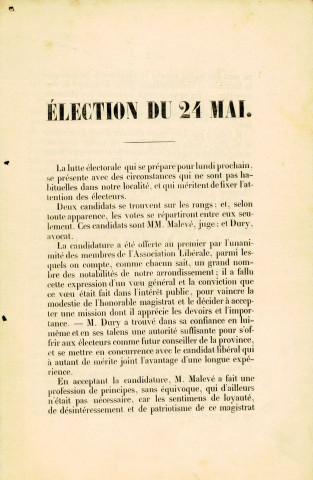 Lettre d'électeurs anonymes comparant les deux candidats que sont F.-J. Malevé et Edmond Dury.