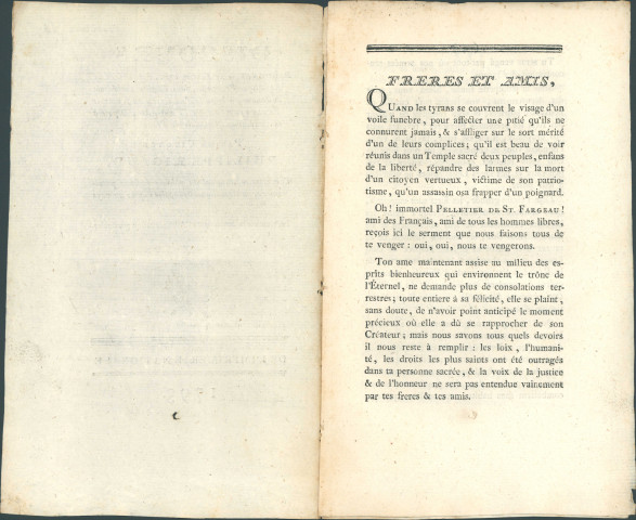 Discours prononcé le 24 février 1793 à Namur par Philippe Rigaud, commissaire national du pouvoir exécutif provisoire de la République française auprès du pays de Namur, en mémoire de Pelletier de St. Fargeau, député à la Convention nationale de France, assassiné.