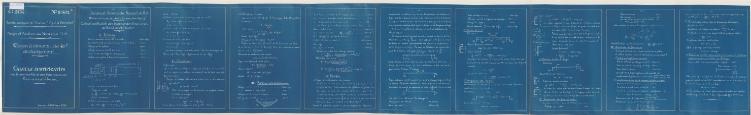 Forges et Aciéries du Nord et de l'Est.Wagon à minerai de 40 tonnes de chargement. Calculs justificatifs.