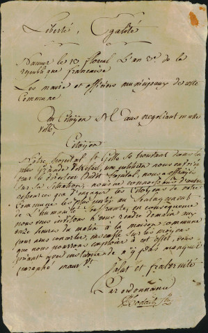 Invitation au citoyen Maus de la part des maires et officiers municipaux de la commune, à se rendre à la maison communale afin de se concerter sur les moyens à employer pour sortir l'hôpital de la ville de la grande détresse dans laquelle il se trouve.