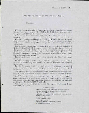 Appel à voter pour Ignace-Joseph Douxchamps-Zoude, candidat de l'Union constitutionnelle et conservatrice de l'arrondissement de Namur.