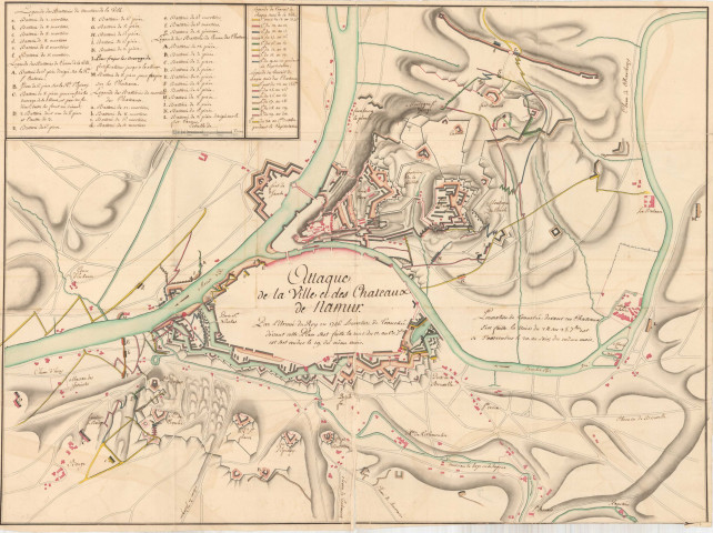 Attaque de la Ville et des Chateaux de Namur.
Par l'Armée du Roy en 1746. Louverture de tranchée devant cette Place sest faitte la nuit du 12 au 13 7bre
est sest rendus le 19. du même mois.