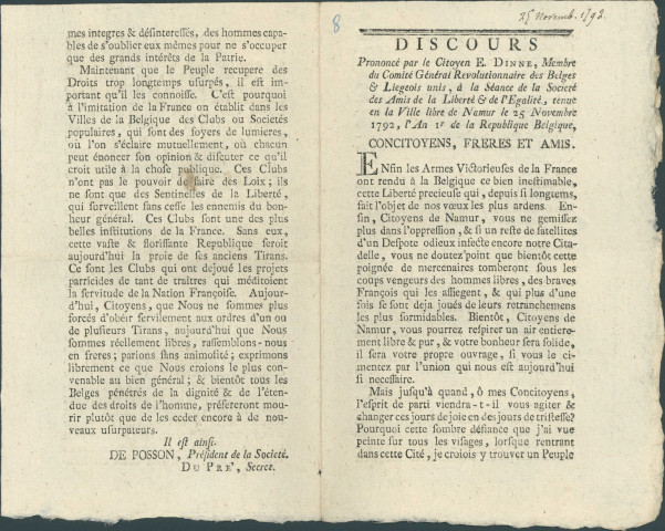 Discours du citoyen E. Dinne, membre du Comité général révolutionnaire des Belges et Liégeois unis, à la Société des Amis de la Liberté et de l'Egalité présidée par De Posson à Namur le 25 novembre 1792