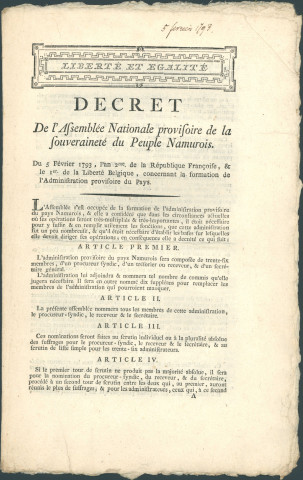 Décret de l'Assemblée nationale provisoire de la souveraineté du peuple namurois du 5 février 1793 concernant la formation de l'Administration provisoire du pays (signé des secrétaires Tarte junior, Quevreux, N.J. Boens, Henseval).