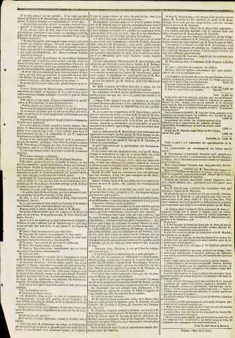 Supplément de La Revue de Namur du 23 juin 1854 relatant l'audience du 21 juin 1854 du tribunal de 1ère instance de Namur. Cet audience concerne l'« action en dommage-intérêts intentée par M. Douxchamps, directeur du trésor à Namur et conseiller communal, contre M. Lucien Namèche (sic), rentier et conseiller communal, pour diffamation par la voie de la presse. »