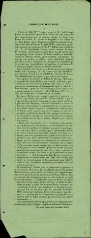 Chronique judiciaire tirée de La Revue de Namur du 2 septembre 1846. Cet article résume les différentes étapes du conflit opposant les héritiers d'André-Joseph Laloux.