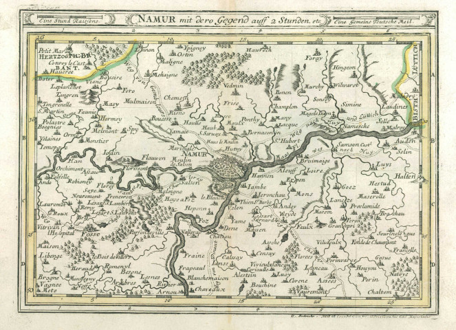 Namur mit dero Gegend auff 2 Stunden, etc.
G. Bodenehr fec. et exc. cum Grat. et priv. Sac. Caes. Majestatis.