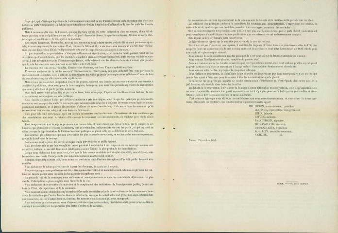 Supplément à La Revue de Namur du 25 octobre 1857 appelant à voter pour les candidats du Comité libéral de Namur.