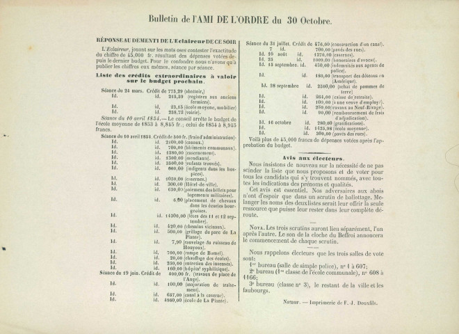 Bulletin de L'Ami de l'Ordre du 30 octobre 1854 en réponse à un démenti de L'Éclaireur contestant les chiffres résultant des dépenses votées depuis le dernier budget. Ce même billet donne également quelques conseils de vote.