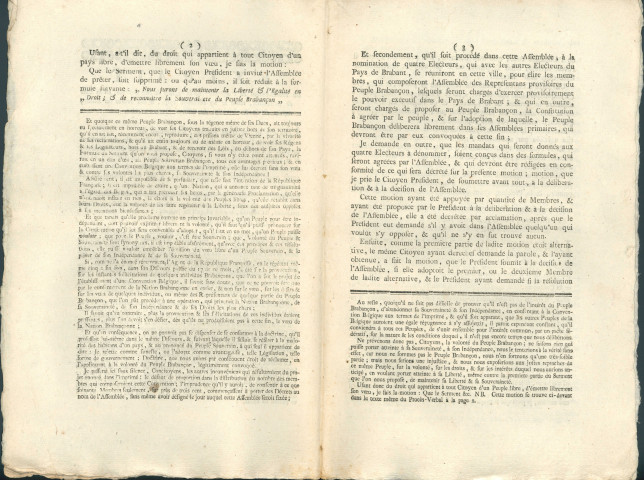Extrait du procès-verbal de l'Assemblée de la section de Sainte-Gudule à Bruxelles tenue le 29 décembre 1792 suite à la proclamation du général Dumouriez