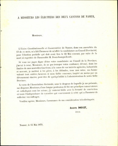 Tract électoral d'Auguste Doucet, candidat de l'Union constitutionnelle et conservatrice de l'arrondissement de Namur.