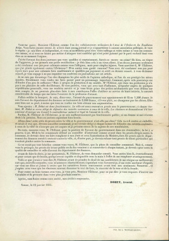 Réponse du candidat Martin Dohet à L'Éclaireur du 12 janvier 1855. (2 exemplaires)