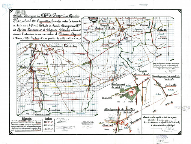 Société Anonyme des Charbonnages d'Ormont, à Châtelet. - Plan relatif : 1°) à l'opposition formulée contre la demande, en date du 13 Avril 1908, de la Société Anonyme des Charbonnages de Roton-Farciennes et Oignies-Aiseau, à Tamines, visant l'extension de sa concession d'Aiseau-Oignies, à Aiseau, et 2°) à l'octroi d'une partie de cette extension. -