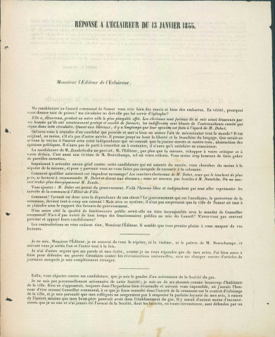 Réponse du candidat Martin Dohet à L'Éclaireur du 12 janvier 1855. (2 exemplaires)