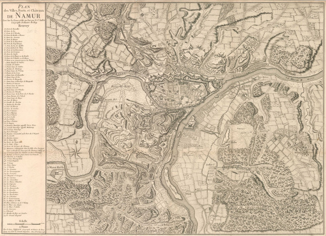 Plan des Villes, Forts et Châteaux de Namur.
Levé Sur les Lieux, et Mis au jour par le Sr Jaillot, Géographe Ordinaire du Roy.
A Paris chez le Sieur Jaillot, Géographe Ordinaire du Roy Quay et à côtté les Grands Augustins, Avec Privilège. 1746
