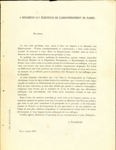 Tract électoral d'Armand Wasseige, candidat de l'Union constitutionnelle et conservatrice de l'arrondissement de Namur.