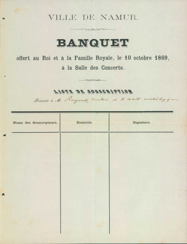 Liste de souscriptions présentée à Jules Borgnet à l'occasion du banquet offert au Roi et à la famille royale, le 10 octobre 1869, à la salle des concerts du théâtre de Namur.