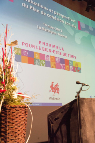 Namur. Wépion. La Marlagne. Conférence sur les évaluations et les perspectives du plan de cohésion sociale, en présence des ministres Tillieux et Furlan.
