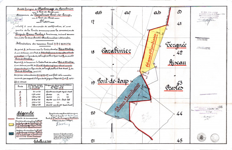 Société Anonyme du Charbonnage du Carabinier à Pont-de-Loup. Concession de "Carabinier-Pont-de-Loup" à Pont-de-Loup. Plan relatif à une demande de rectification d'une partie de la limite commune avec la concession de "Tergnée-Aiseau-Presles" à Farciennes, suivant convention entre les deux Sociétés Charbonnières intéressées.