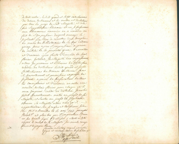 Document dans lequel l'impératrice Marie-Thérèse d'Autriche octroie, à l'imprimeur Guilleaume Joseph Lafontaine, l'exclusivité d'imprimer, à Namur, le Catéchisme.