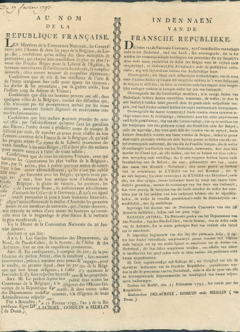 Annonce à la population de la mise en état de réquisition permanente des gardes nationales de certains départements français amenées à assurer si nécessaire l'ordre en Belgique. Signé Delacroix, Gossuin et Merlin.