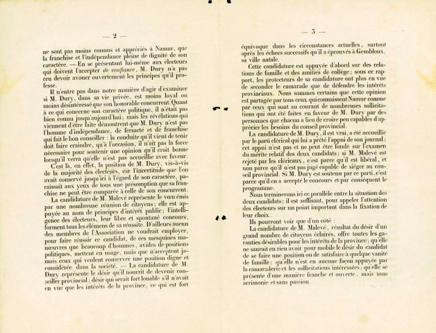 Lettre d'électeurs anonymes comparant les deux candidats que sont F.-J. Malevé et Edmond Dury.