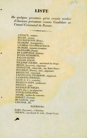 Listes de candidats aux élections de 1836.