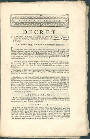 Décret et règlements sur l'organisation provisoire de la justice dans le pays namurois (14 février, 5 et 16 mars 1793).