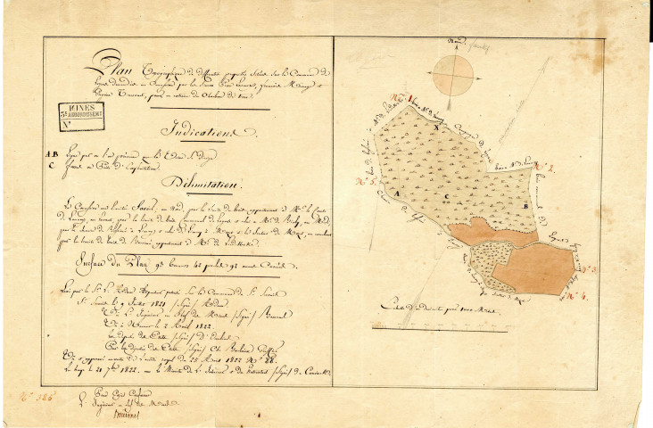 Plan Topographique de différentes propriétés situées sur la Commune de Loyers demandées en Concession par les Sieurs Pierre Lesceux, Francois Ménage et Gregoire Timsonet, pour en extraire du Charbon de terre.