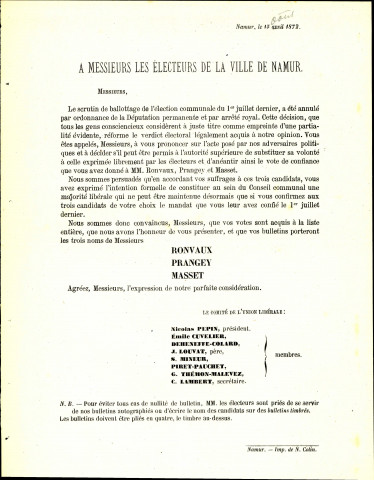 Deux appels à voter pour les candidats de L'Opinion libérale de Namur et de la province.