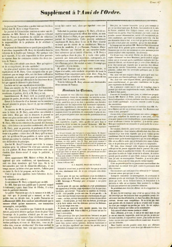 Supplément de L'Ami de l'Ordre du 25 mai 1847 (selon une mention manuscrite), reproduisant une lettre qu'Edmond Dury a écrite en réponse aux attaques du juge F.-J. Malevé et de Th. Polet.