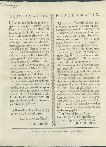 Proclamation du général en chef Dumouriez défendant aux clubs patriotiques de s'immiscer dans les affaires publiques. Signé Dumouriez.