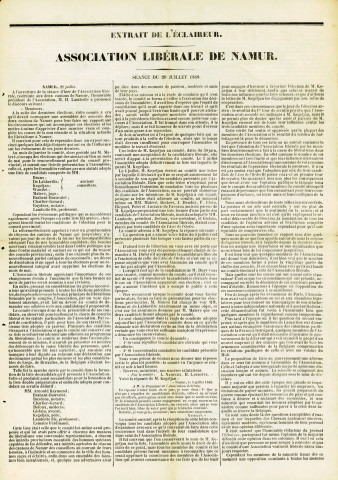 Extrait de L'Éclaireur relatant la réunion, du 20 juillet 1848, de l'Association libérale de Namur.