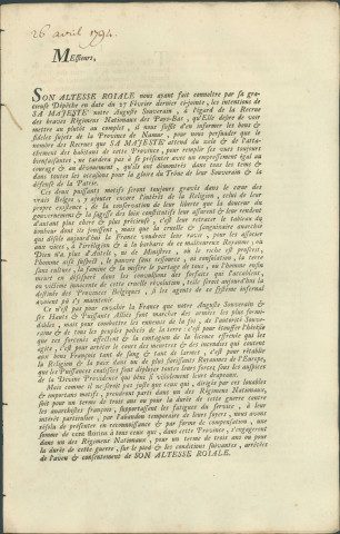 Courrier des députés des trois ordres de l'état du pays et comté de Namur invitant les officiers de justice ou de police, mayeurs et échevins des Villes, bourgs et villages de la province de Namur à fournir des recrues pour les régiments nationaux des Pays-Bas. Conditions des engagements.