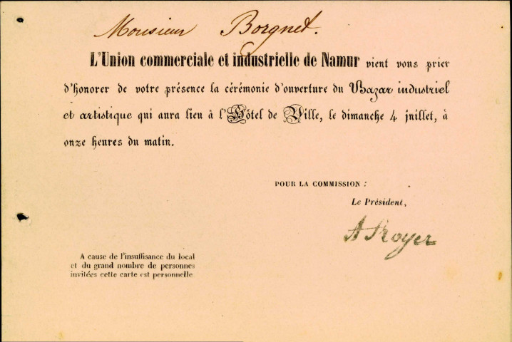 Invitation de l'Union commerciale et industrielle de Namur, signée A. Royer et adressée à Jules Borgnet, à assister à la cérémonie d'ouverture du Bazar industriel et artistique, le 4 juillet 1852.