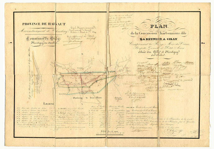 Plan de la Concession Charbonnière dite La Réunion, à Gilly. Comprenant la (?), Mère des Veines, Strapette, Grande et Petit Aises. Située sur Gilly et Montigny sur-Sambre.