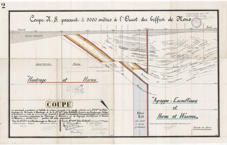 Coupe (...) annexée à la requête collective de la Sté Ame des Charbonnages du hainaut, à Hautrage, et de la Sté Ame John Cockerill (Division des Charbonnages Belges, à Frameries) (...) tendant à obtenir l'autorisation d'échanger le long de la limite commune à leurs concessions respectives de "Hautrage et Hornu", et de "Agrappe-Escouffiaux et Hornu et Wasmes", certaines parties des dites concessions.