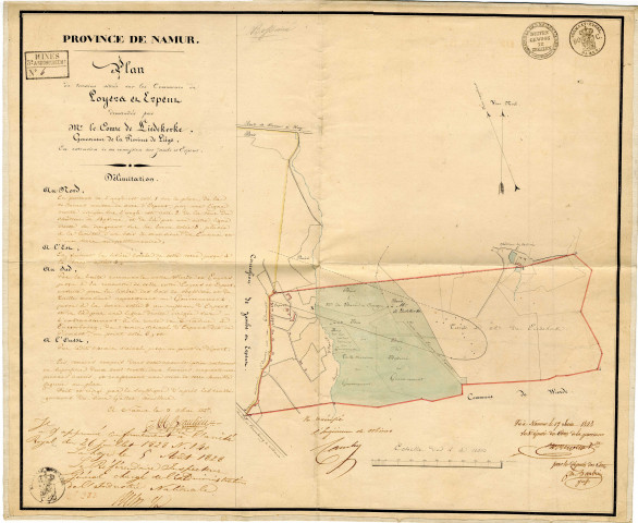 Plan des terrains situés sur les Communes de Loyers et Erpent demandés par Mr le Comte de Liedekerke, Gouverneur de la Province de Liége, En Extension de sa concession sur Jambes et Erpent.