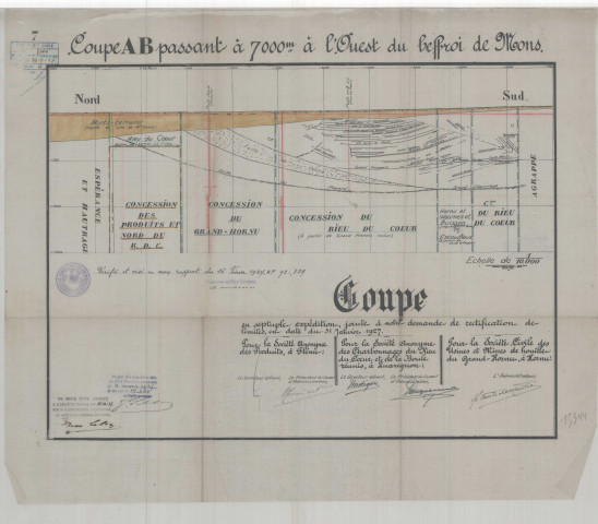 Coupe (...) jointe à notre demande de rectification de limites, en date du 31 janvier 1927. Société Anonyme des Produits, à Flénu ; Société Anonyme des Charbonnages du Rieu du Cœur et de La Boule réunis, à Quaregnon ; les Charbonnages du Hainaut, Société anonyme à Hautrage.