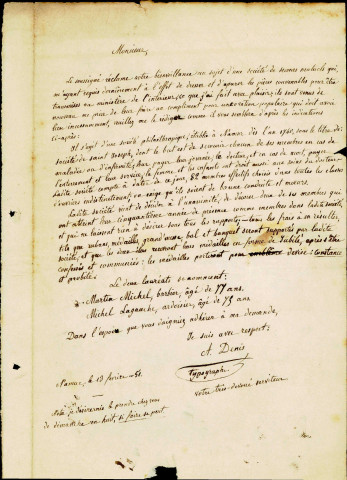 Lettre dans laquelle le typographe Antoine Denis demande à une personne non-citée de rédiger un compliment qui sera lu à l'occasion d'une ovation que la Société philanthropique Saint-Joseph organisera en l'honneur de deux de ses membres.