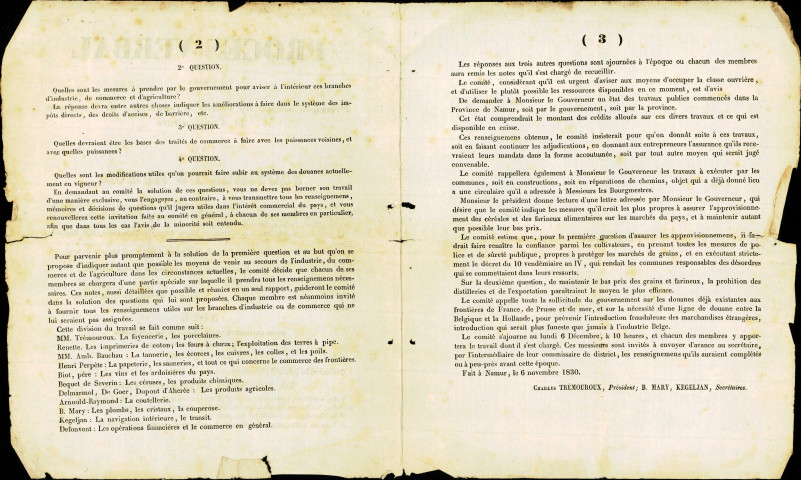 Procès-verbal de la première séance du Comité d'industrie, de commerce et d'agriculture de la province de Namur. (6 novembre 1830)