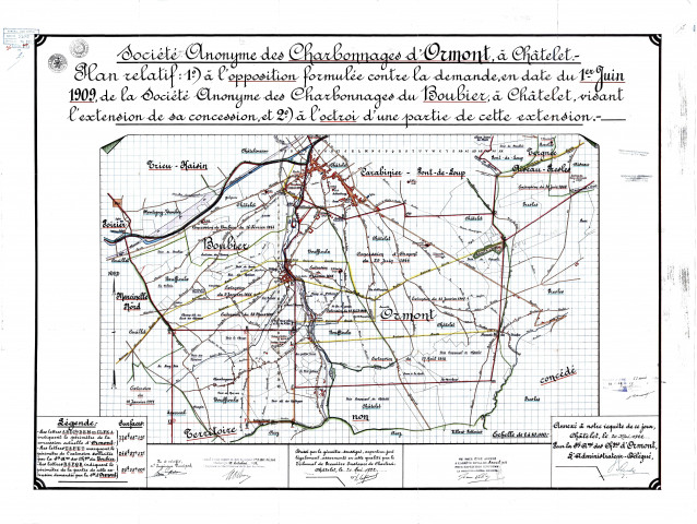 Société Anonyme des Charbonnages d'Ormont, à Châtelet. - Plan relatif : 1°) à l'opposition formulée contre la demande, en date du 1er Juin 1909, de la Société Anonyme des Charbonnages du Boubier, à Châtelet, visant l'extension de sa concession, et 2°) à l'octroi d'une partie de cette extension. -