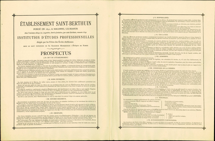 Prospectus publicitaire pour le pensionnat Saint-Berthuin, à Malonne. Une lithographie représentant l'abbaye et signée V. Persenaire de Bruxelles, occupe la première page du prospectus.