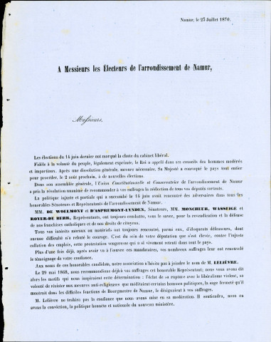 Appel à voter pour des candidats de l'Union constitutionnelle et conservatrice de l'arrondissement de Namur.