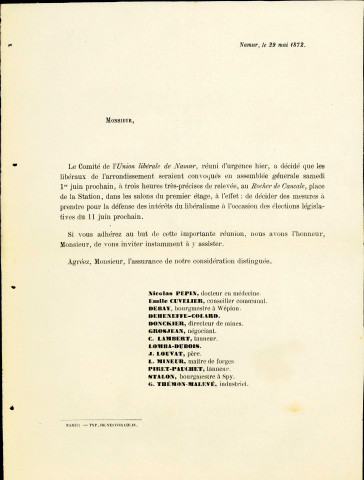 Convocation à l'assemblée générale que l'Union libérale de Namur organise le 1er juin 1872.