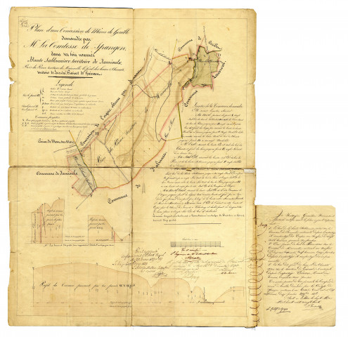 Plan d'une Concession de Mines de houille demandée par Mme la Comtesse de Spangen, dans ses bois nommés Haute Sablonniere, territoire de Jamioulx, Bois du Prince, territoire de Marcinelle, le fond des haies