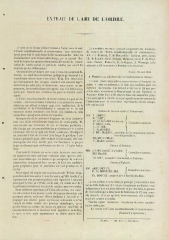 Extrait de L'Ami de l'Ordre dans lequel ce quotidien donne son soutien aux candidats présentés par l'Union constitutionnelle et conservatrice de l'arrondissement de Namur.