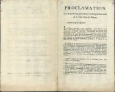 Proclamation de l'Assemblée générale des représentants provisoires du peuple souverain de Namur communiquant à la population la proclamation du citoyen lieutenant-général Cyrus Valence, commandant en chef de l'armée des Ardennes donnée le 21 novembre 1792 en son quartier général de Flawinne reproduisant la proclamation du lieutenant-général Dumourier datée du 8 novembre 1792 à Mons invitant à l'élection des représentants provisoires du peuple en tous lieux, au paiement des impositions, à fournir l'aide nécessaire aux armées françaises. Signé De Posson président, X. Wasseige secrétaire