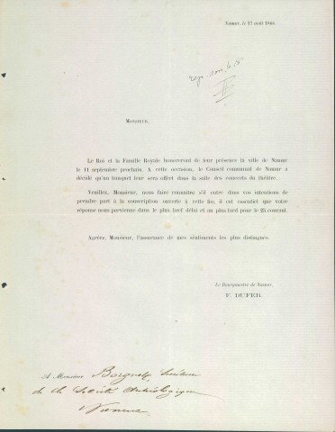 Invitation du Conseil communal, adressée à Jules Borgnet, à prendre part à la souscription ouverte à l'occasion du banquet offert au Roi et à la famille royale, le 11 septembre 1866, à la salle des concerts du théâtre de Namur. Mention manuscrite de Jules Borgnet (?) : « rep. non le 18 ».